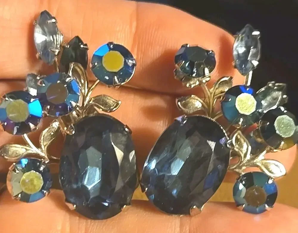 Vintage Beau Jewel Chaton and Marquise Blue Irredecant AB Rhinestone Earrings